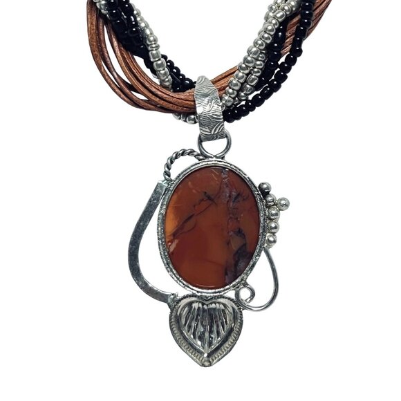 12 Strand Black And Gold Seed Bead Necklace With Floral Jasper Pendant (5892) - Picture 4 of 6